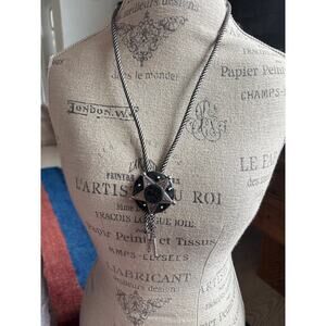 Silver Star Bolo Tie Black Center Stone Western 2.25” Pendant Unisex